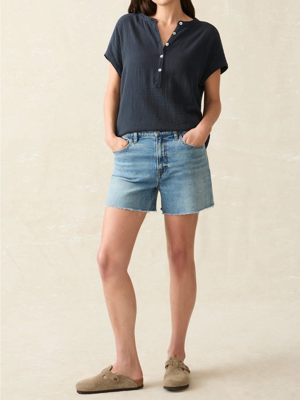 Faherty Dream Cotton Gauze Desmond Top Navy Blue Medium